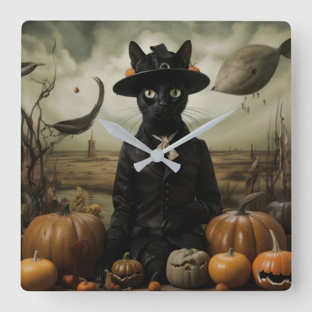 Witch Cat with Pumpkins  Square Wall Clock (Front)