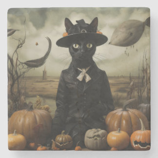 Witch Cat with Pumpkins  Stone Coaster