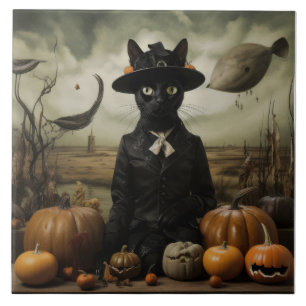 Witch Cat with Pumpkins Tile