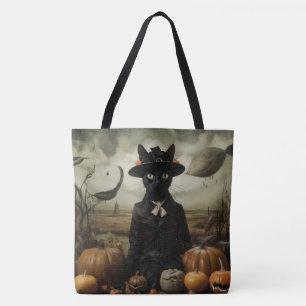 Witch Cat with Pumpkins Tote Bag