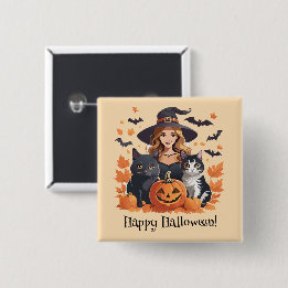 Witch Cats Bats & Pumpkins Halloween 2 Inch Square Button