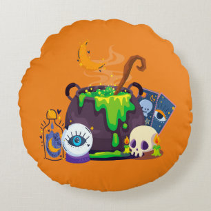 Witch Cauldron Cooking Potion Under The Moonlight Round Pillow