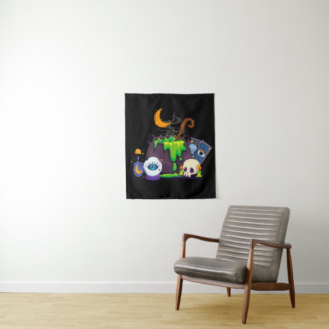 Witch Cauldron Cooking Potion Under The Moonlight Tapestry (In Situ)