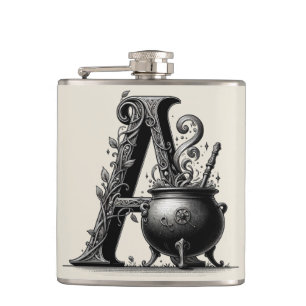 Witch Cauldron Witchy Letter A Custom Initial Hip Flask