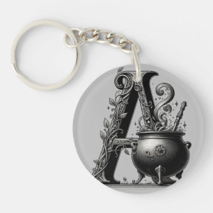 Witch Cauldron Witchy Letter A Custom Initial  Keychain