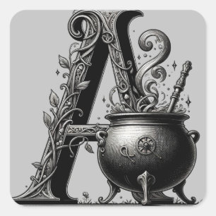 Witch Cauldron Witchy Letter A Custom Initial  Square Sticker