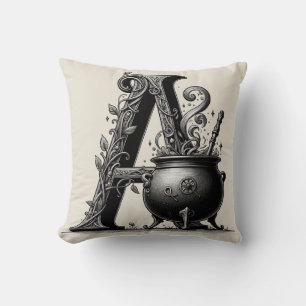 Witch Cauldron Witchy Letter A Custom Initial Throw Pillow