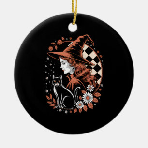 Witch Checkered Halloween Ceramic Ornament