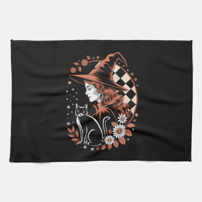 Witch Checkered Halloween Kitchen Towel (Horizontal)