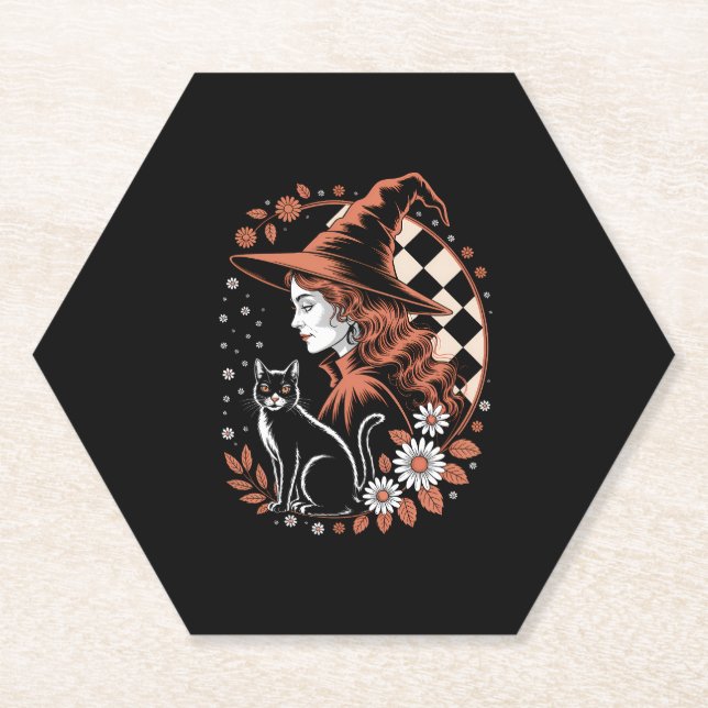 Witch Chequered Halloween Paper Coaster (Front)
