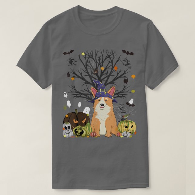 Witch Corgi Evil Pumpkin Bats Ghost Jack-O-Lantern T-Shirt (Design Front)