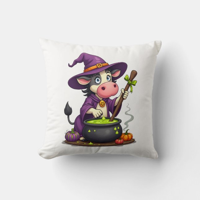 Witch Cow Cauldron Brew Throw Pillow (Front)