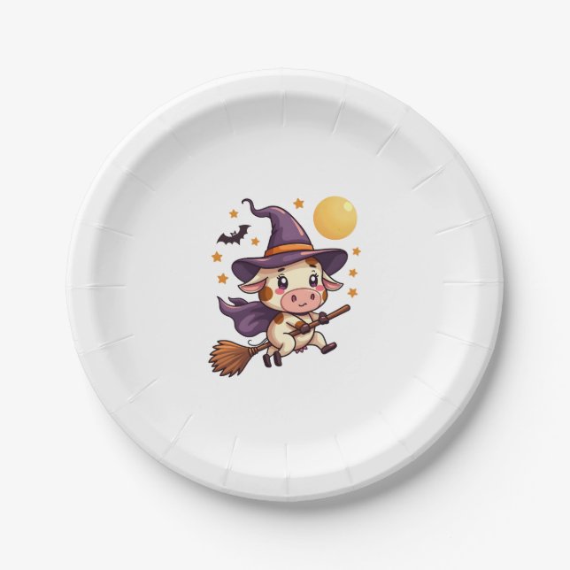 Witch Cow on a Broomstick Paper Plate (Front)