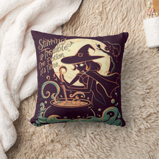 Witch creating potions under a glowing moon throw pillow (Blanket)