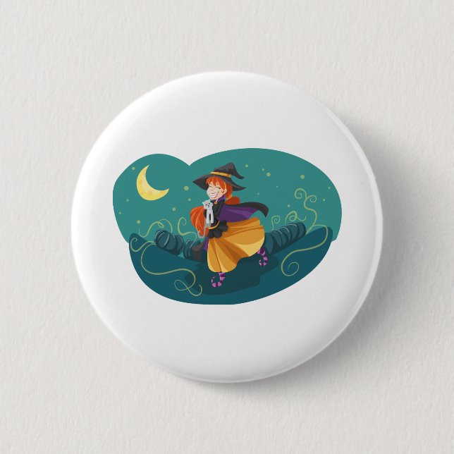 Witch Cute Friendly Cat Adorable Friend Moon 2 Inch Round Button (Front)