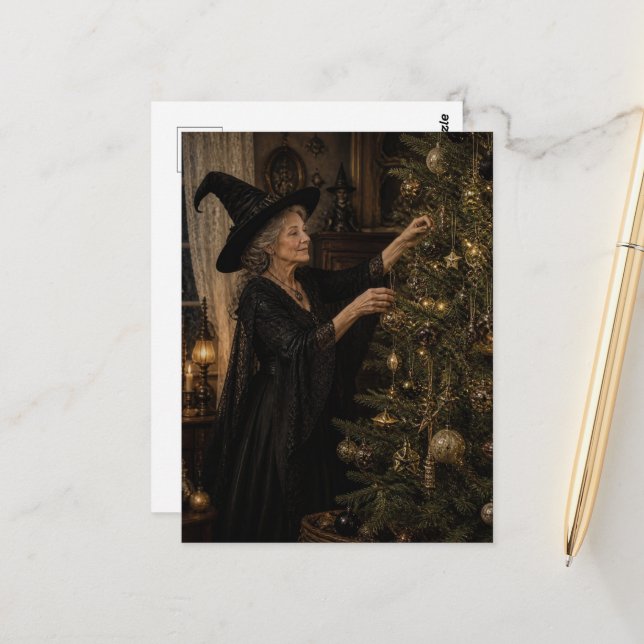 Witch Decorates Her Yule Tree Postcard (Front/Back In Situ)