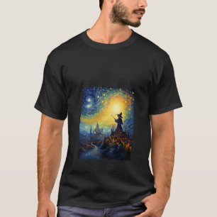 Witch Drawing Night Halloween Starry Night Van Gog T-Shirt