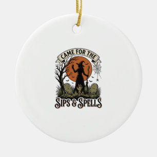 Witch Drinking Shirt Sips and Spells Vintage Hallo Ceramic Ornament