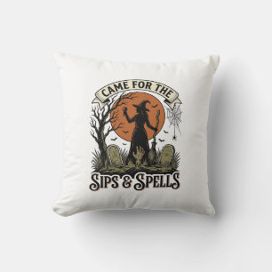 Witch Drinking Shirt Sips and Spells Vintage Hallo Throw Pillow