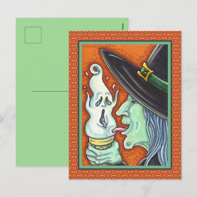WITCH EATING SCREAMING ICE CREAM CONE, HALLOWEEN H HOLIDAY POSTCARD (Front/Back)