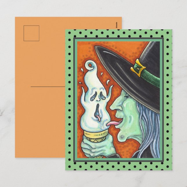 WITCH EATING SCREAMING ICE CREAM CONE, HALLOWEEN HOLIDAY POSTCARD (Front/Back)
