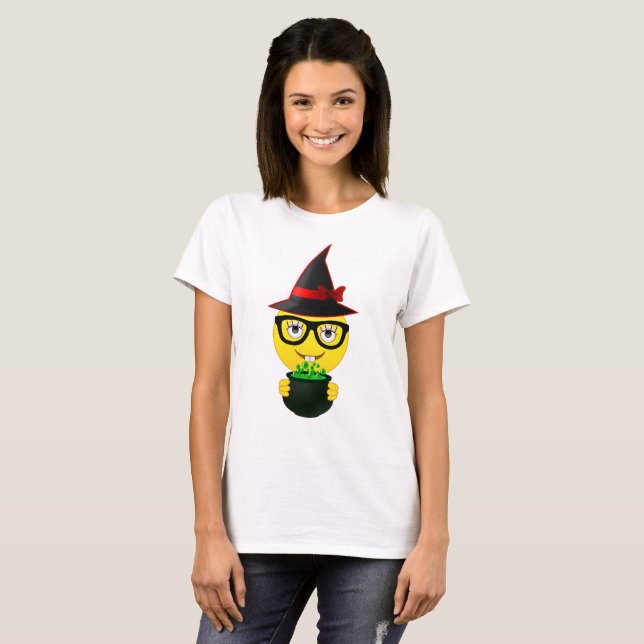 Witch Emoji Holding Cauldron Funny Halloween Shirt (Front Full)