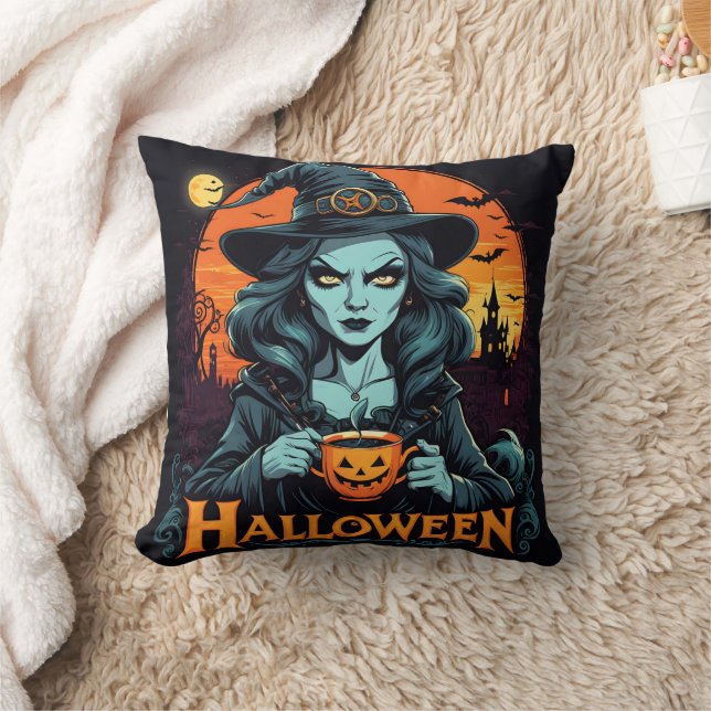 Witch enjoying pumpkin drink on Halloween night Throw Pillow (Blanket)
