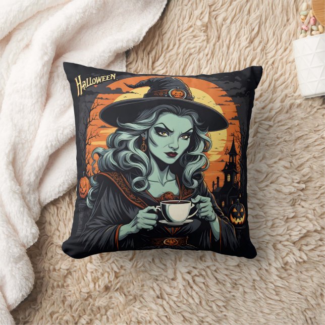 Witch enjoying tea on a spooky Halloween night Throw Pillow (Blanket)