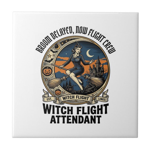 Witch flight attendant Halloween broom broke desig Tile (Front)