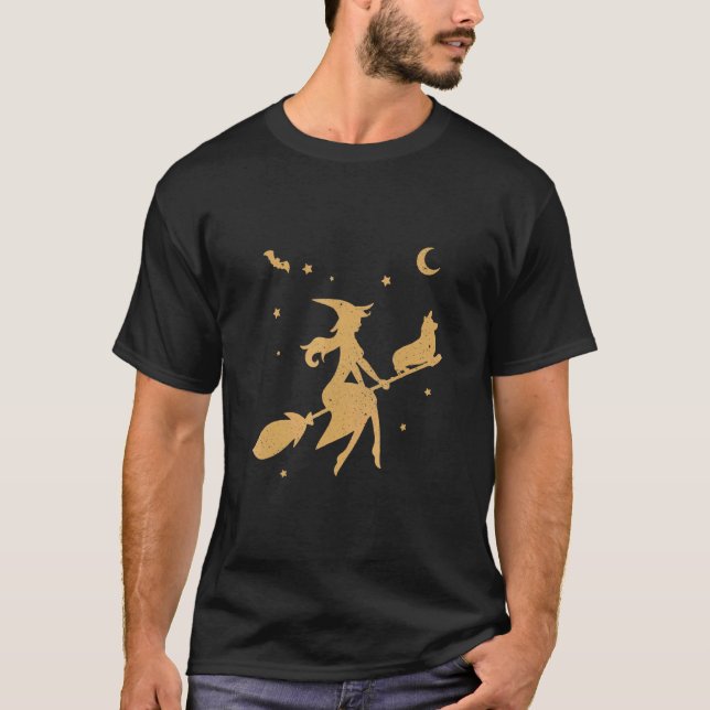 Witch Fly With Corgi Halloween T-Shirt (Front)