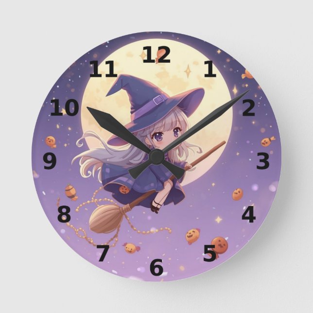 Witch Flying Across the Moon Halloween Wall Clock (Front)