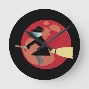 Witch Flying at Night Round Clock