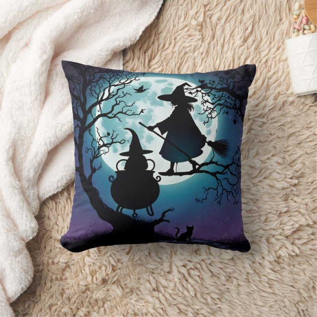 Witch flying at night under a full moon throw pillow (Blanket)