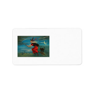 Witch Flying Black Cat Crescent Moon Label