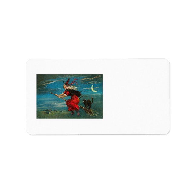 Witch Flying Black Cat Crescent Moon Label (Front)