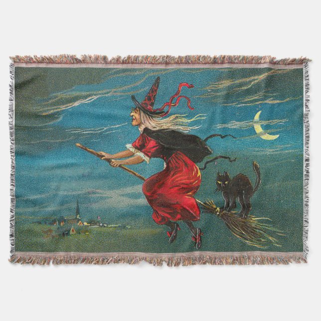 Witch Flying Black Cat Crescent Moon Throw Blanket (Front)