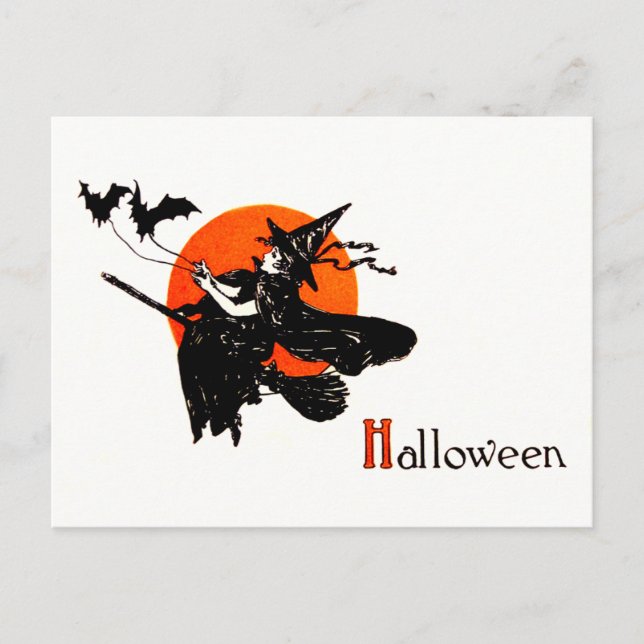 Witch Flying Broom Full Moon Bat Postcard (Front)