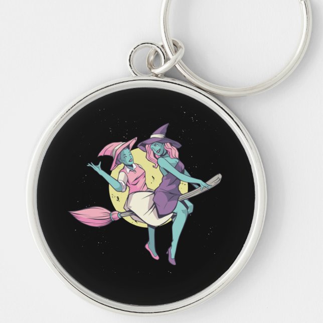 Witch Flying Broom Halloween Design Keychain (Front)