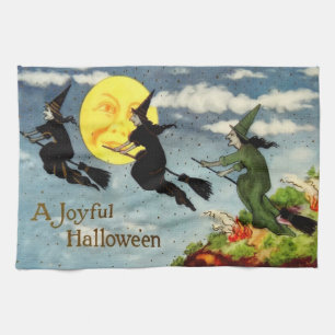 Witch Flying Broom Man In The Moon Sky Kitchen Towel