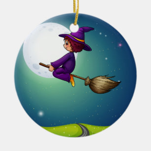 Witch flying ceramic ornament