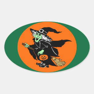 Witch Flying Halloween Cartoon Oval Sticker