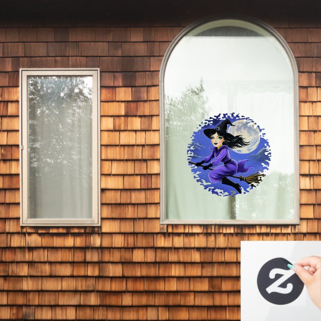 Witch flying of a broom - Wicca Halloween 7 Window Cling (Home Window)