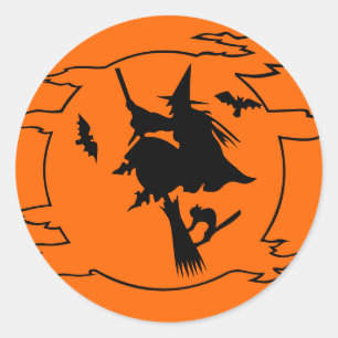 Witch flying on a broom stick Halloween stickers