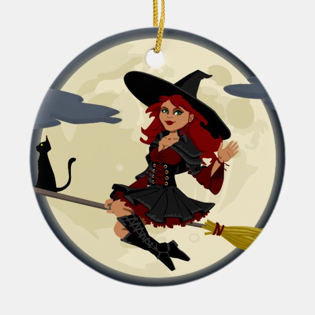 Witch Flying on Broom Ceramic Ornament (Front)