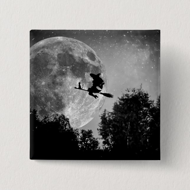 Witch flying on the broom with her cat 2 inch square button (Front)