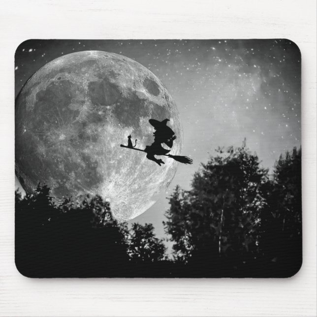 Witch flying on the broom with her cat mouse pad (Front)
