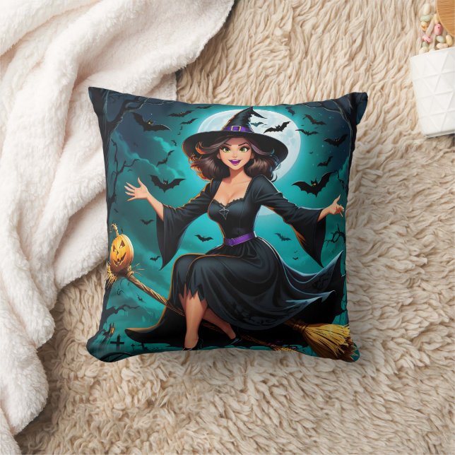 Witch flying over a moonlit graveyard with bats throw pillow (Blanket)