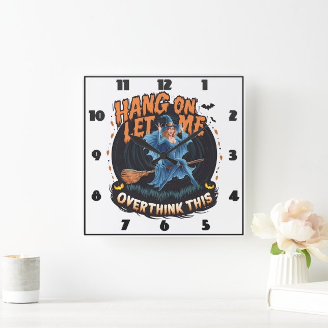 Witch flying over a spooky pumpkin patch at dusk square wall clock (Home)