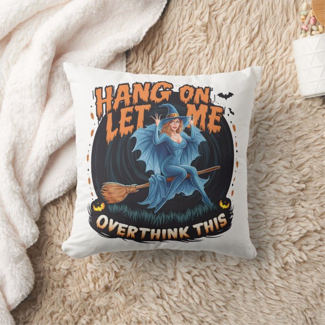 Witch flying over a spooky pumpkin patch at dusk throw pillow (Blanket)