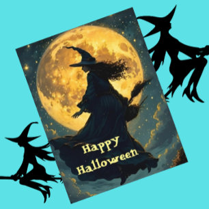 Witch Flying Over Full Moon Halloween Postcard